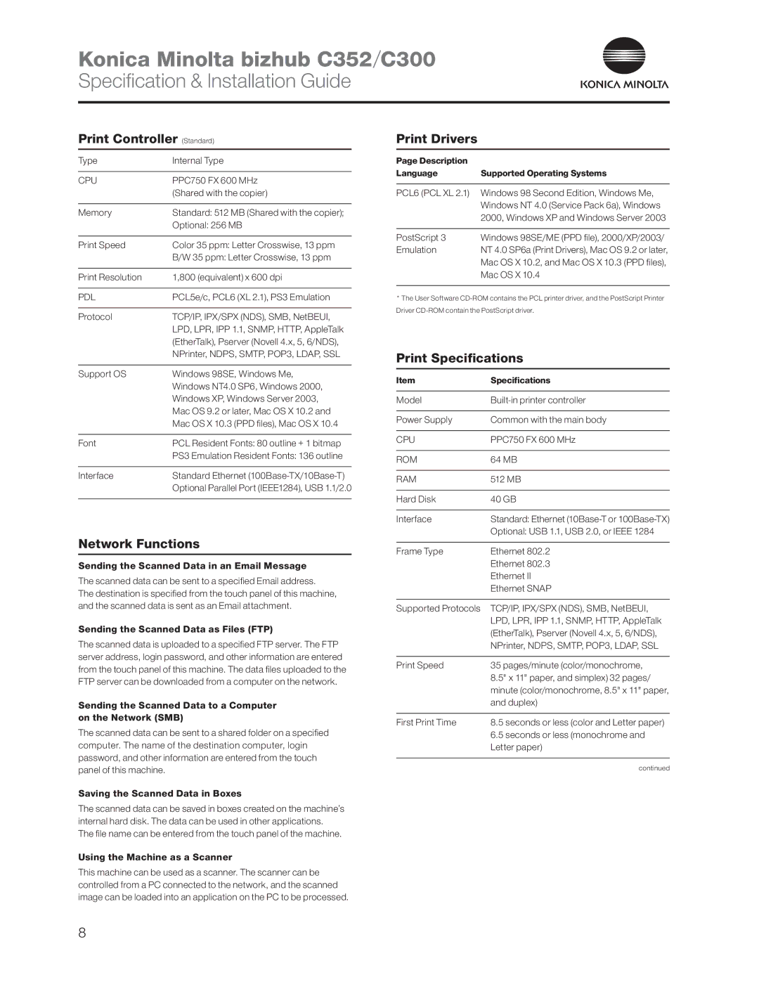 Konica Minolta C352 dimensions Print Controller Standard, Network Functions, Print Drivers, Print Specifications 
