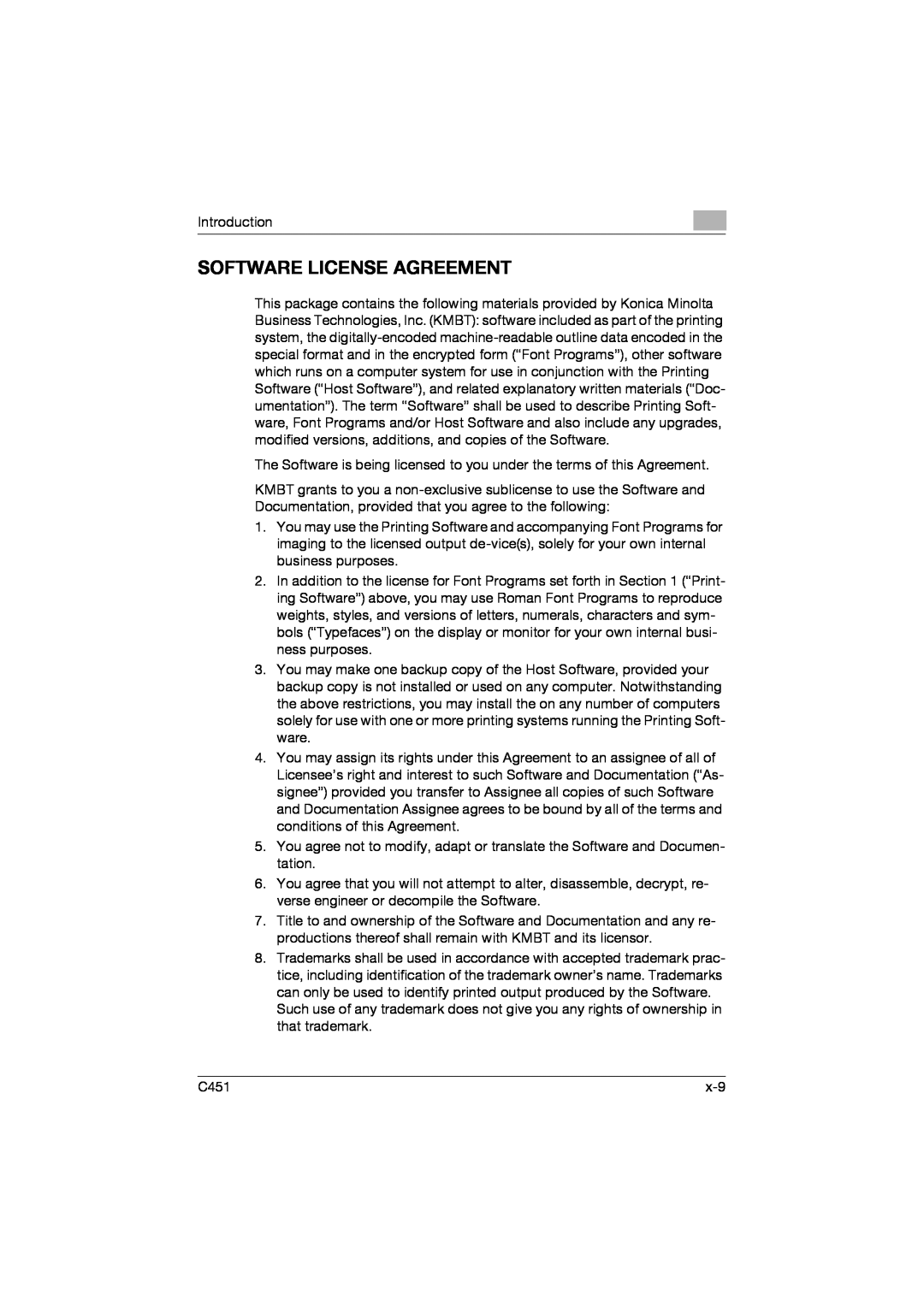 Konica Minolta C451 manual Software License Agreement 