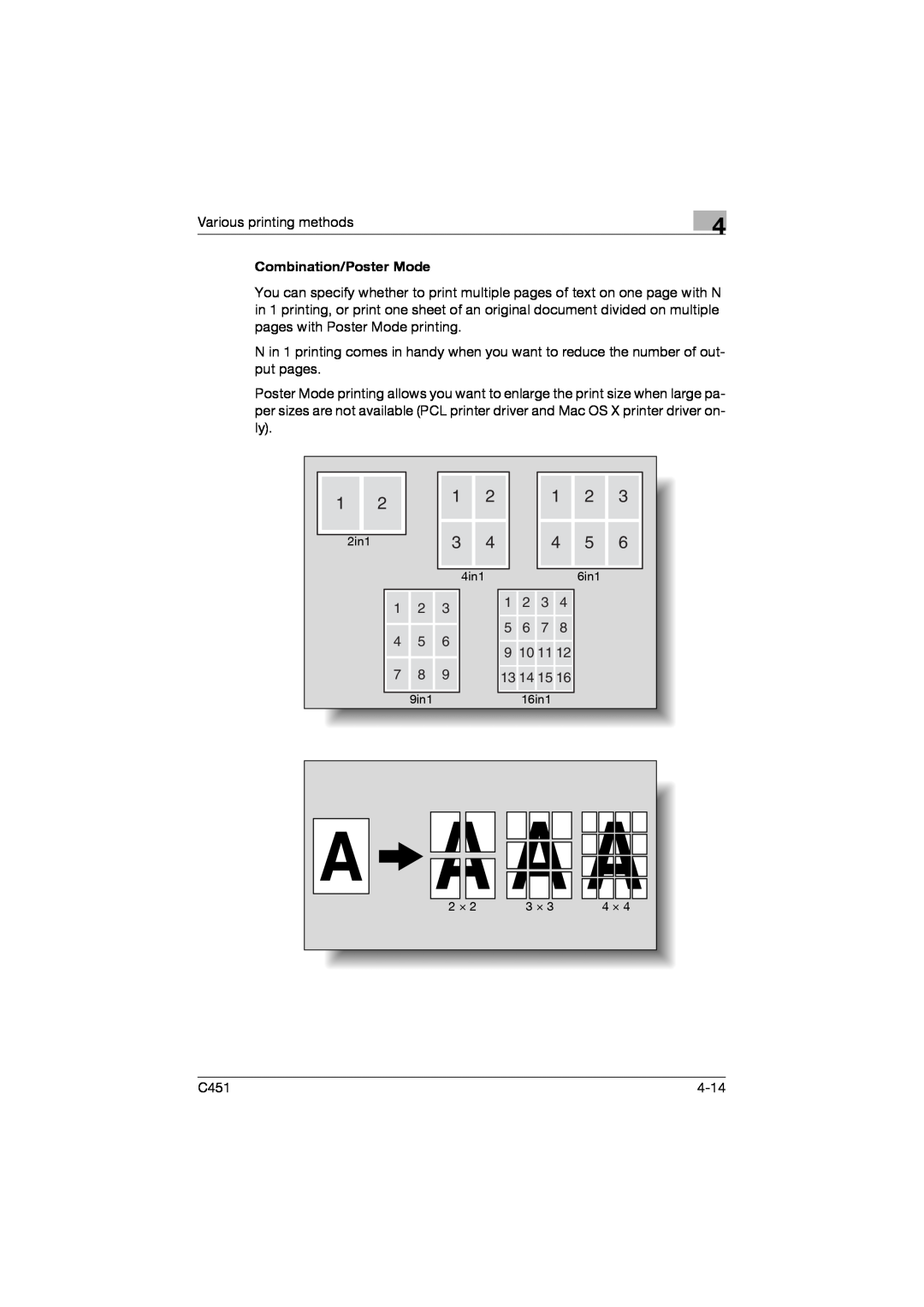 Konica Minolta C451 manual 1 2 4 5, Combination/Poster Mode 