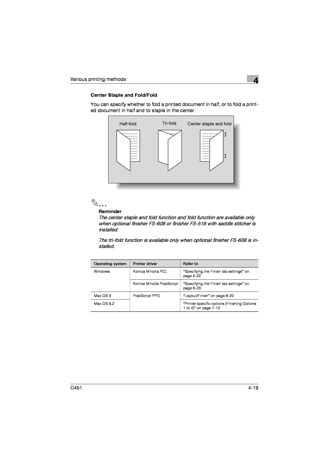 Konica Minolta C451 manual Various printing methods, Center Staple and Fold/Fold, Reminder, 4-19 