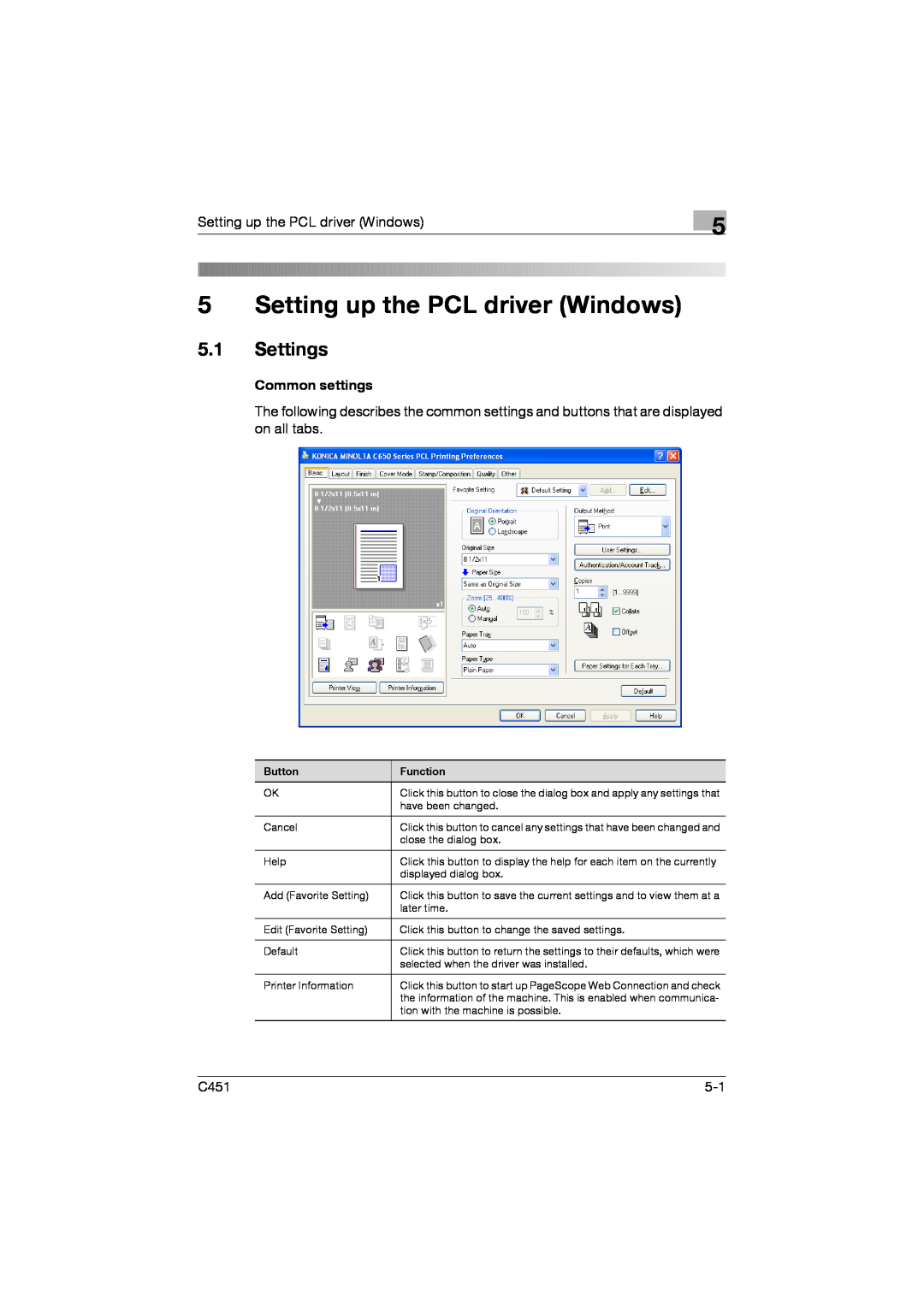 Konica Minolta C451 manual 5Setting up the PCL driver Windows, 5.1Settings 
