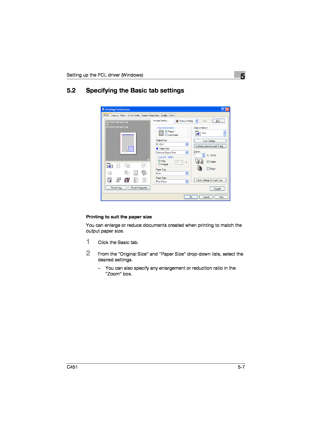 Konica Minolta C451 manual 5.2Specifying the Basic tab settings, Printing to suit the paper size 