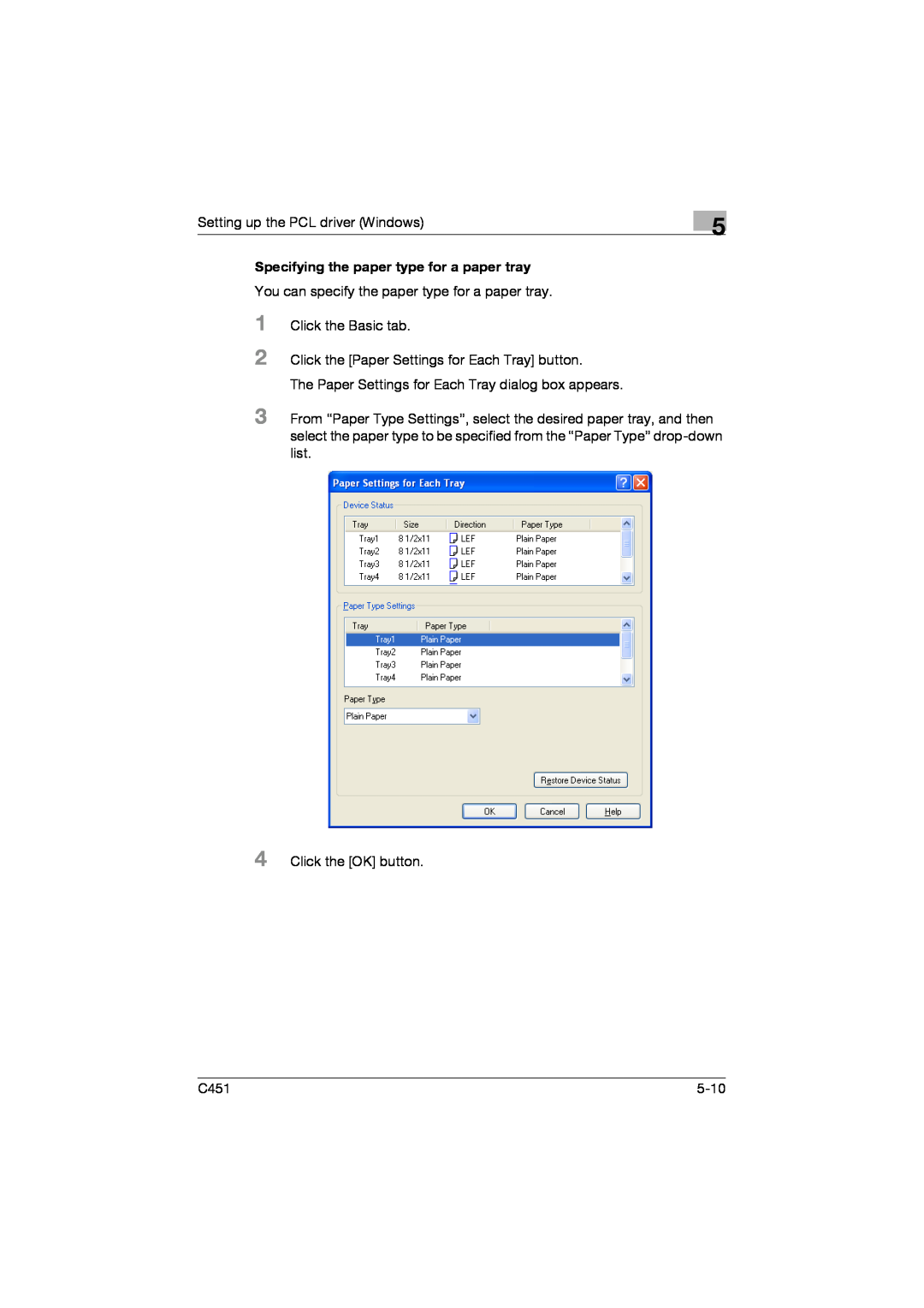 Konica Minolta C451 manual Specifying the paper type for a paper tray 