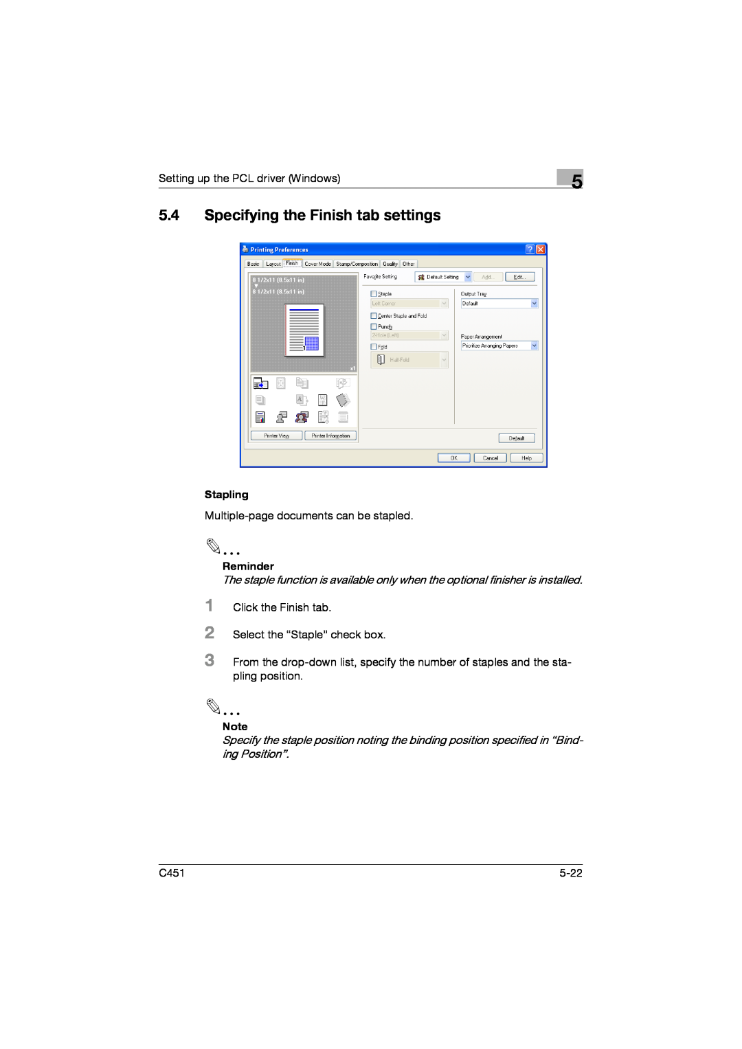 Konica Minolta C451 manual 5.4Specifying the Finish tab settings, Stapling, Reminder 