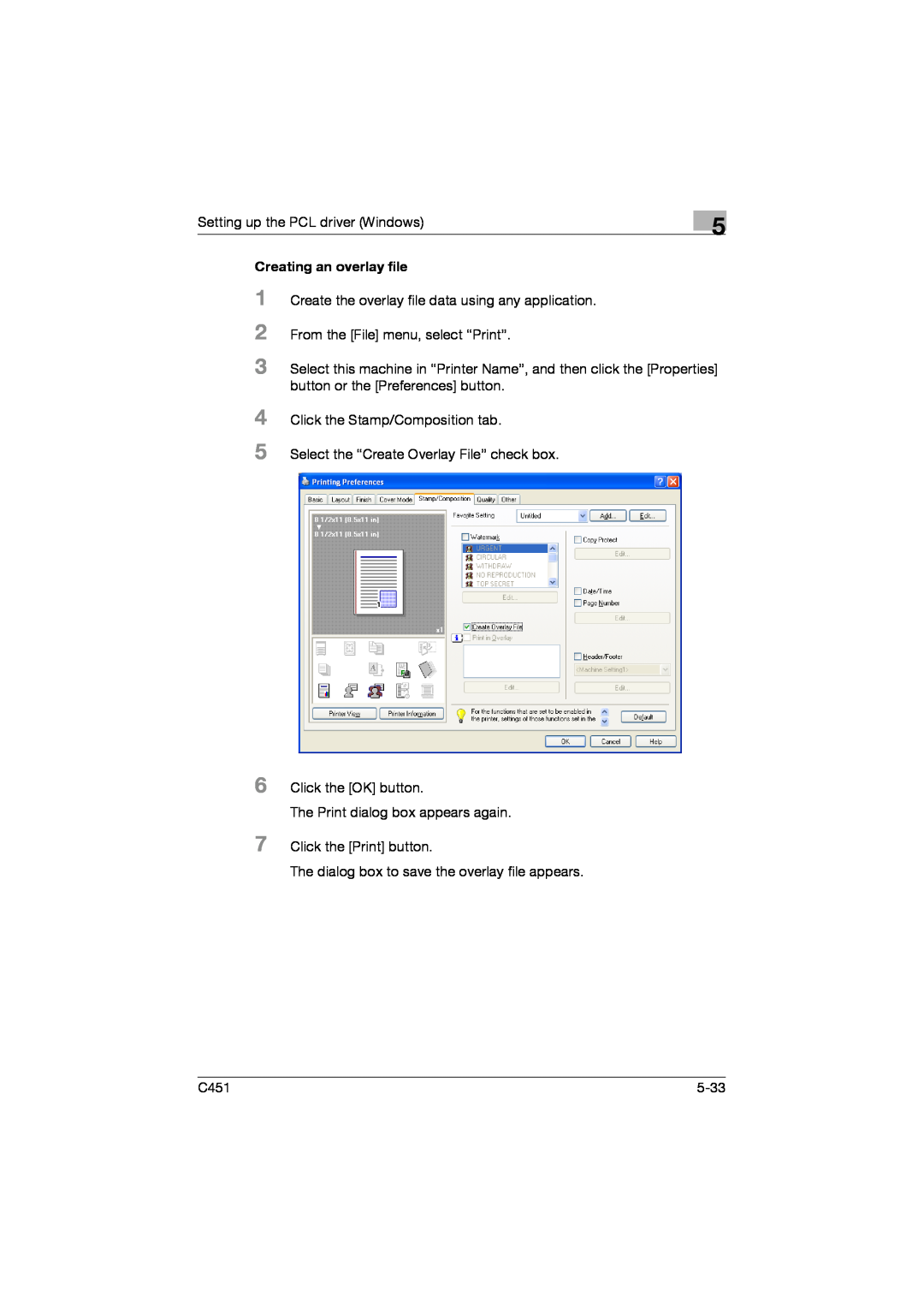 Konica Minolta C451 manual 1 2 3 4 5, Creating an overlay file 