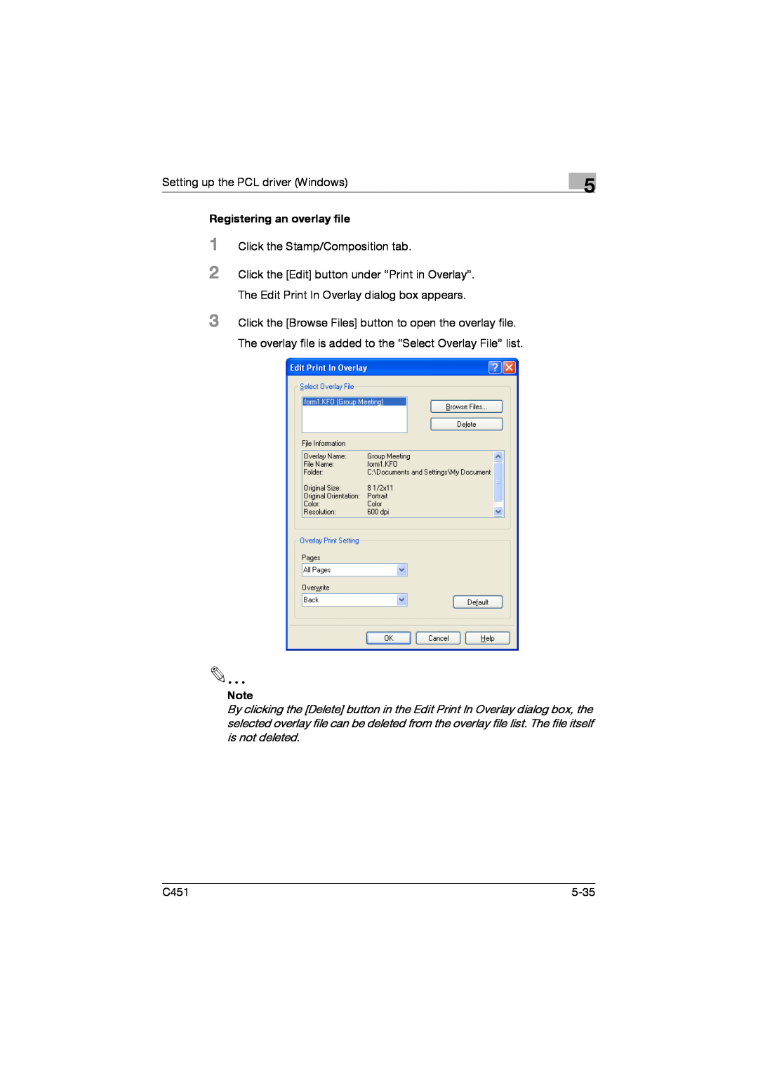 Konica Minolta C451 manual Registering an overlay file 