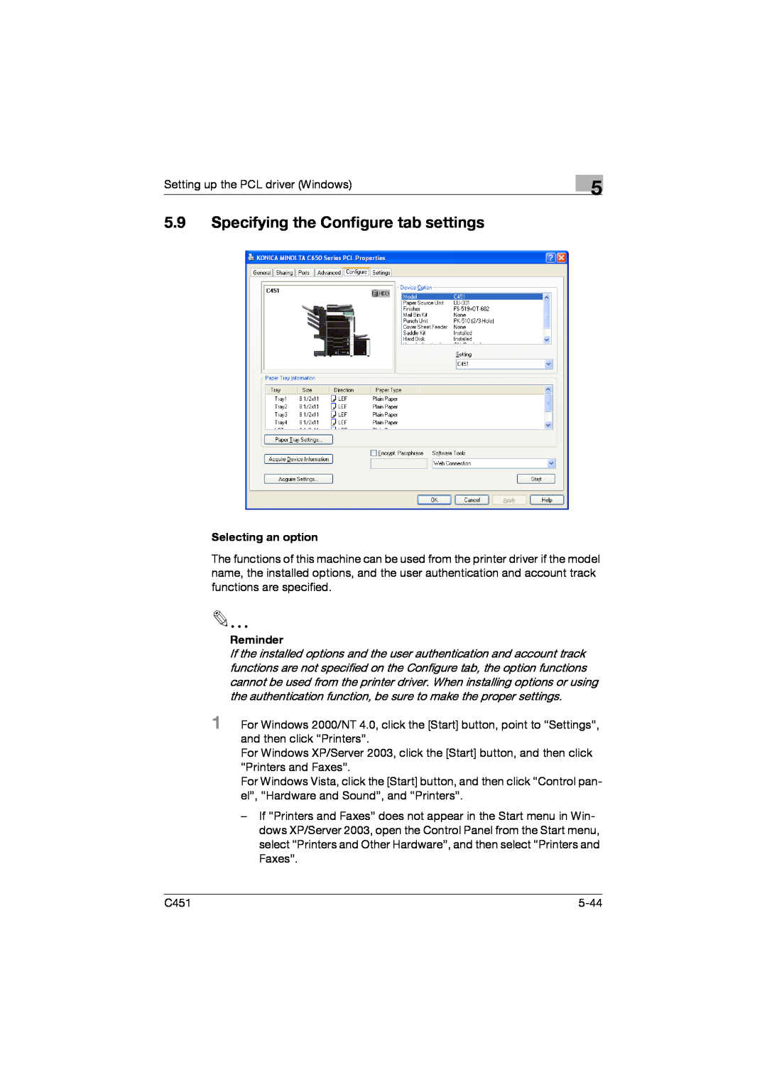Konica Minolta C451 manual 5.9Specifying the Configure tab settings, Selecting an option, Reminder 