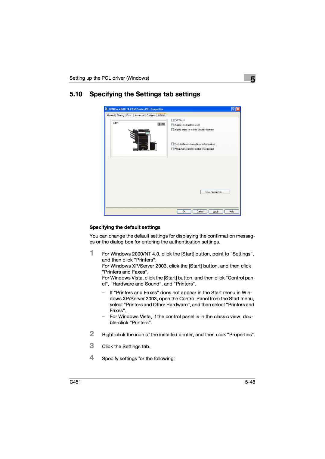 Konica Minolta C451 manual 5.10Specifying the Settings tab settings, 2 3 4, Specifying the default settings 