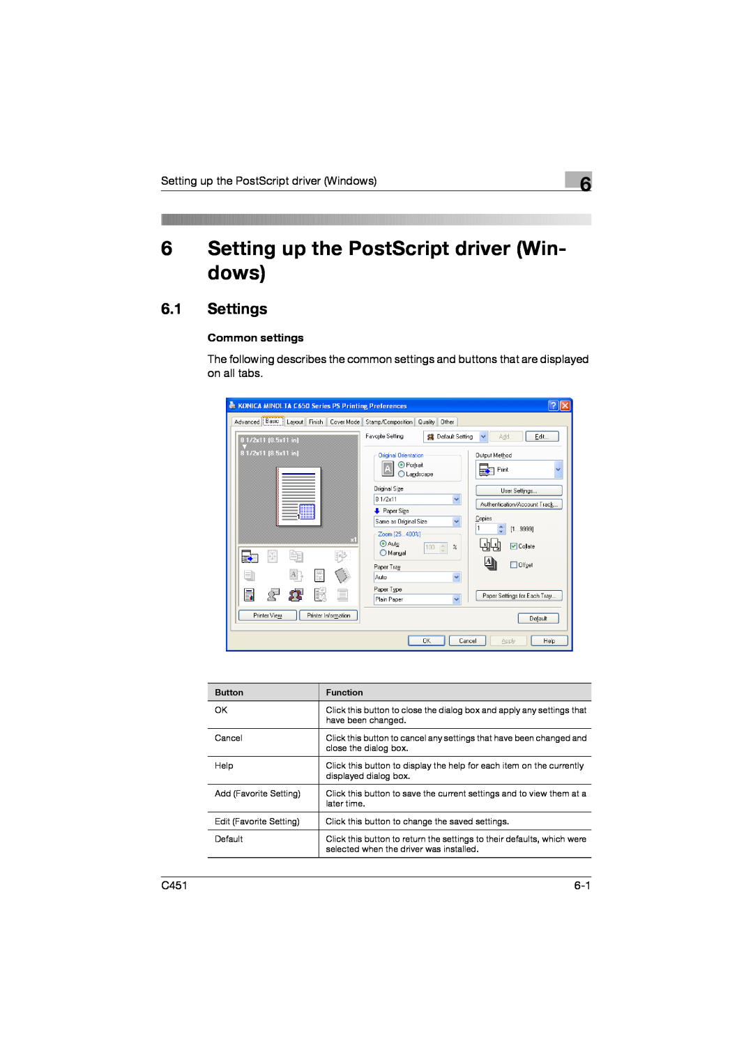 Konica Minolta C451 manual 6Setting up the PostScript driver Win- dows, 6.1Settings 