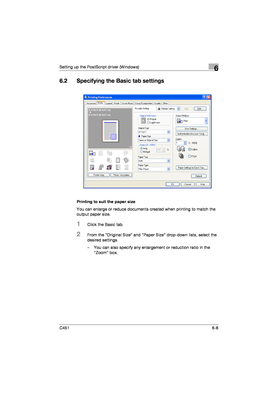Konica Minolta C451 manual 6.2Specifying the Basic tab settings, Printing to suit the paper size 