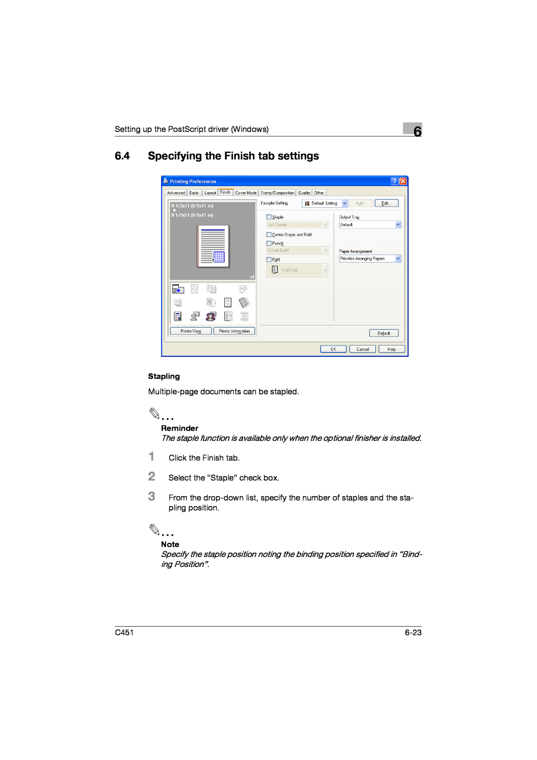 Konica Minolta C451 manual 6.4Specifying the Finish tab settings, Stapling, Reminder 