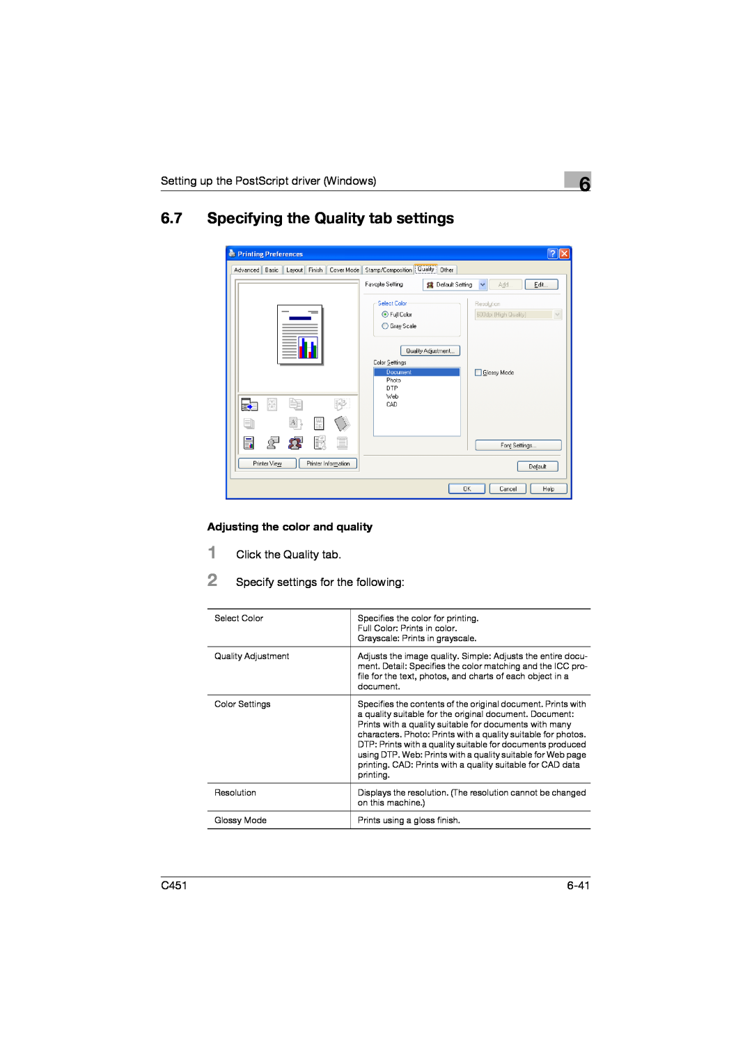 Konica Minolta C451 manual 6.7Specifying the Quality tab settings 