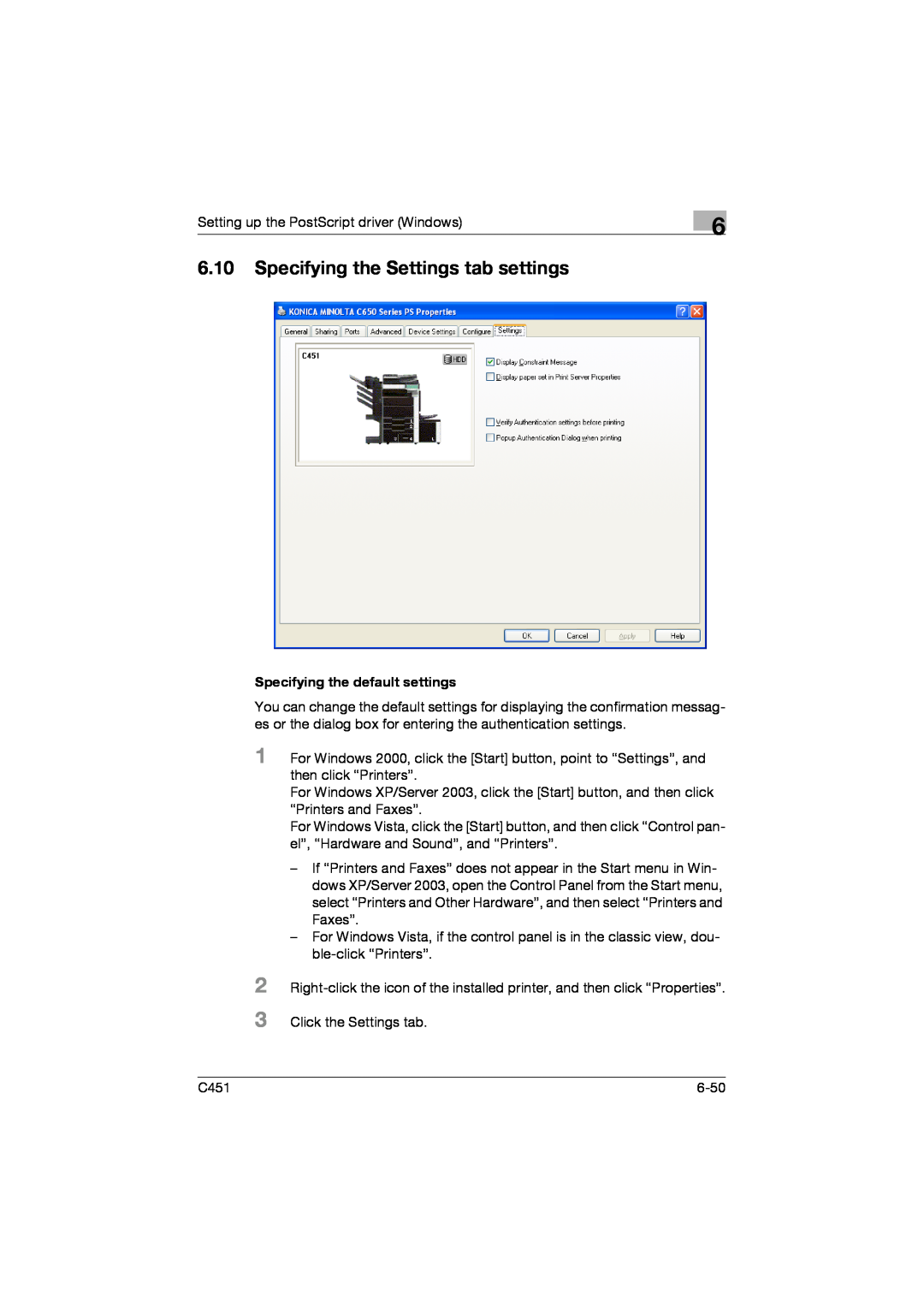 Konica Minolta C451 manual 6.10Specifying the Settings tab settings, Specifying the default settings 