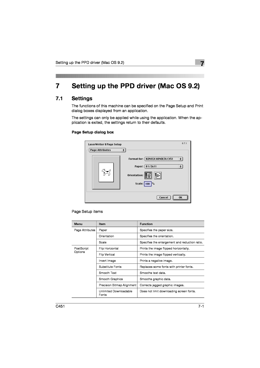 Konica Minolta C451 manual 7Setting up the PPD driver Mac OS, 7.1Settings 