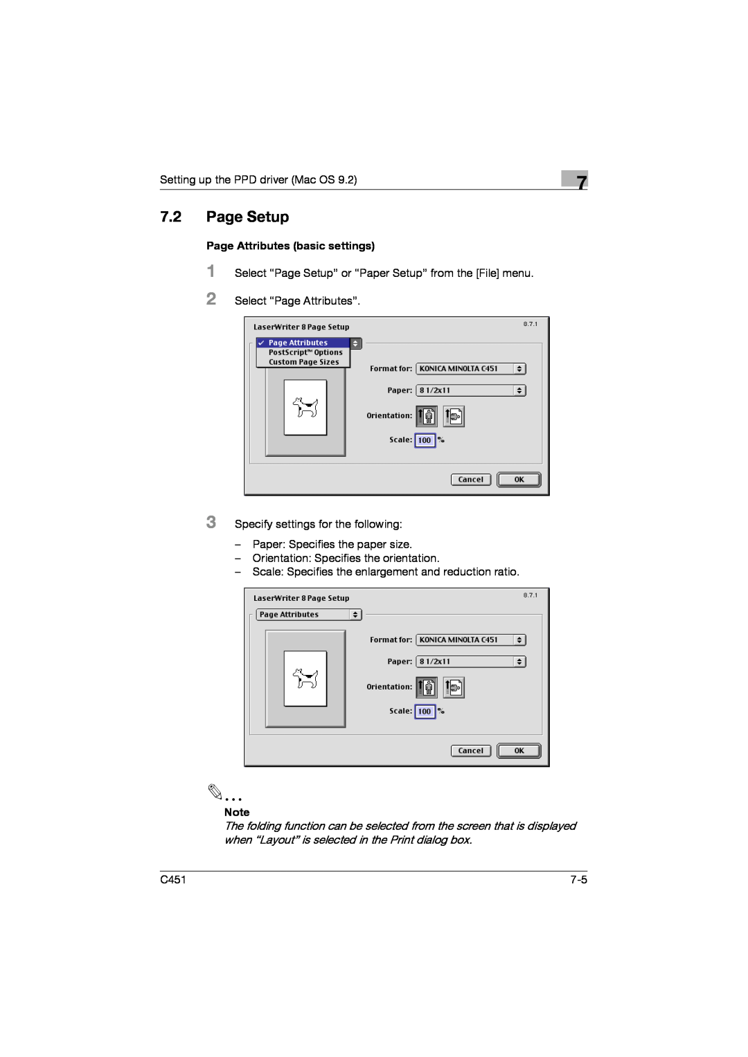 Konica Minolta C451 manual 7.2Page Setup, Page Attributes basic settings 