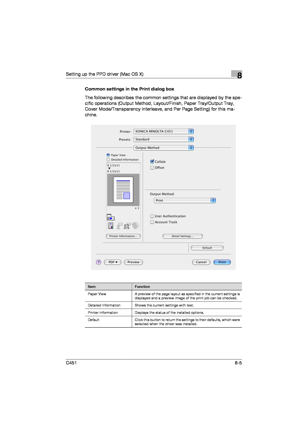 Konica Minolta C451 manual Common settings in the Print dialog box 
