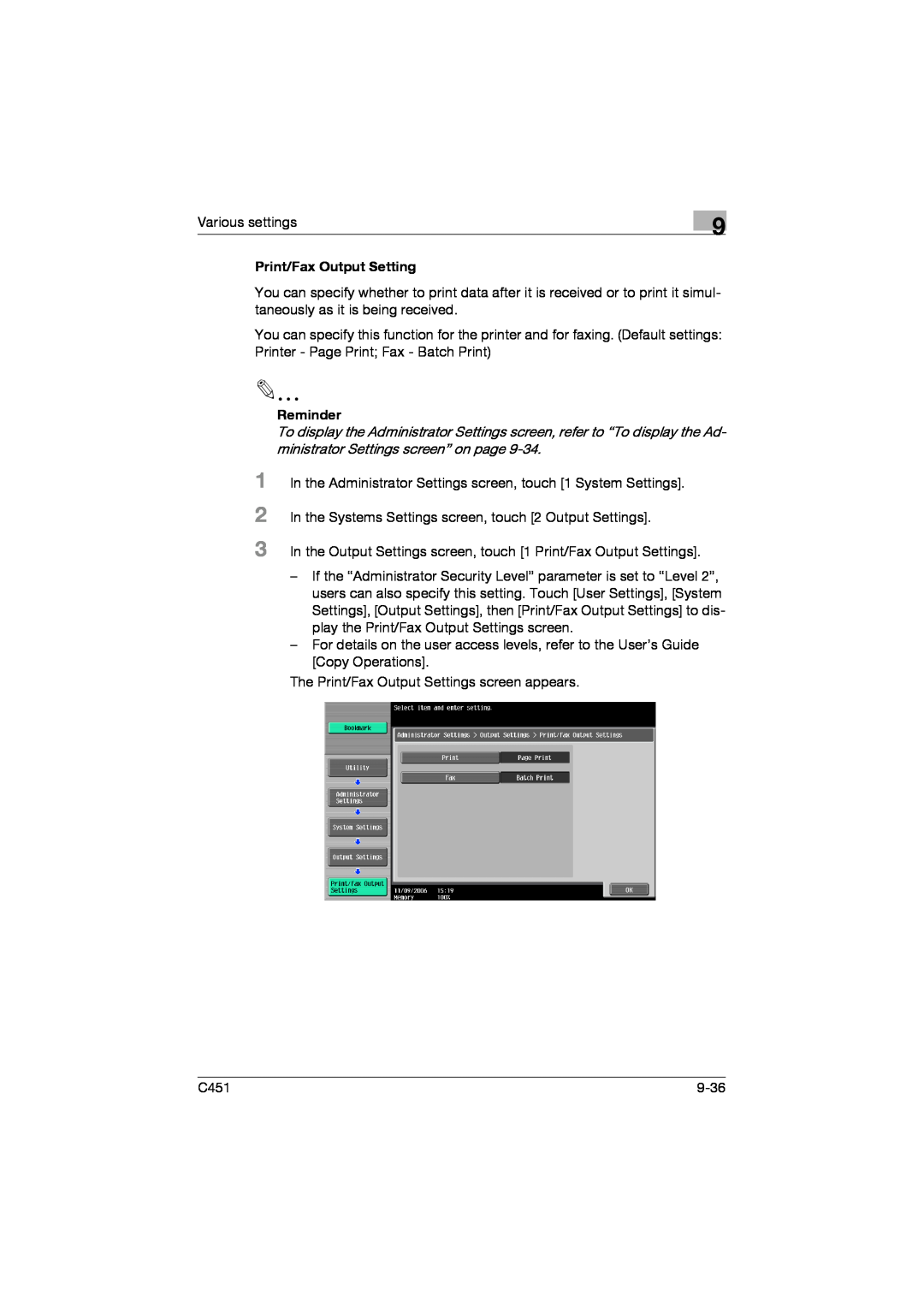Konica Minolta C451 manual 1 2 3, Print/Fax Output Setting, Reminder 