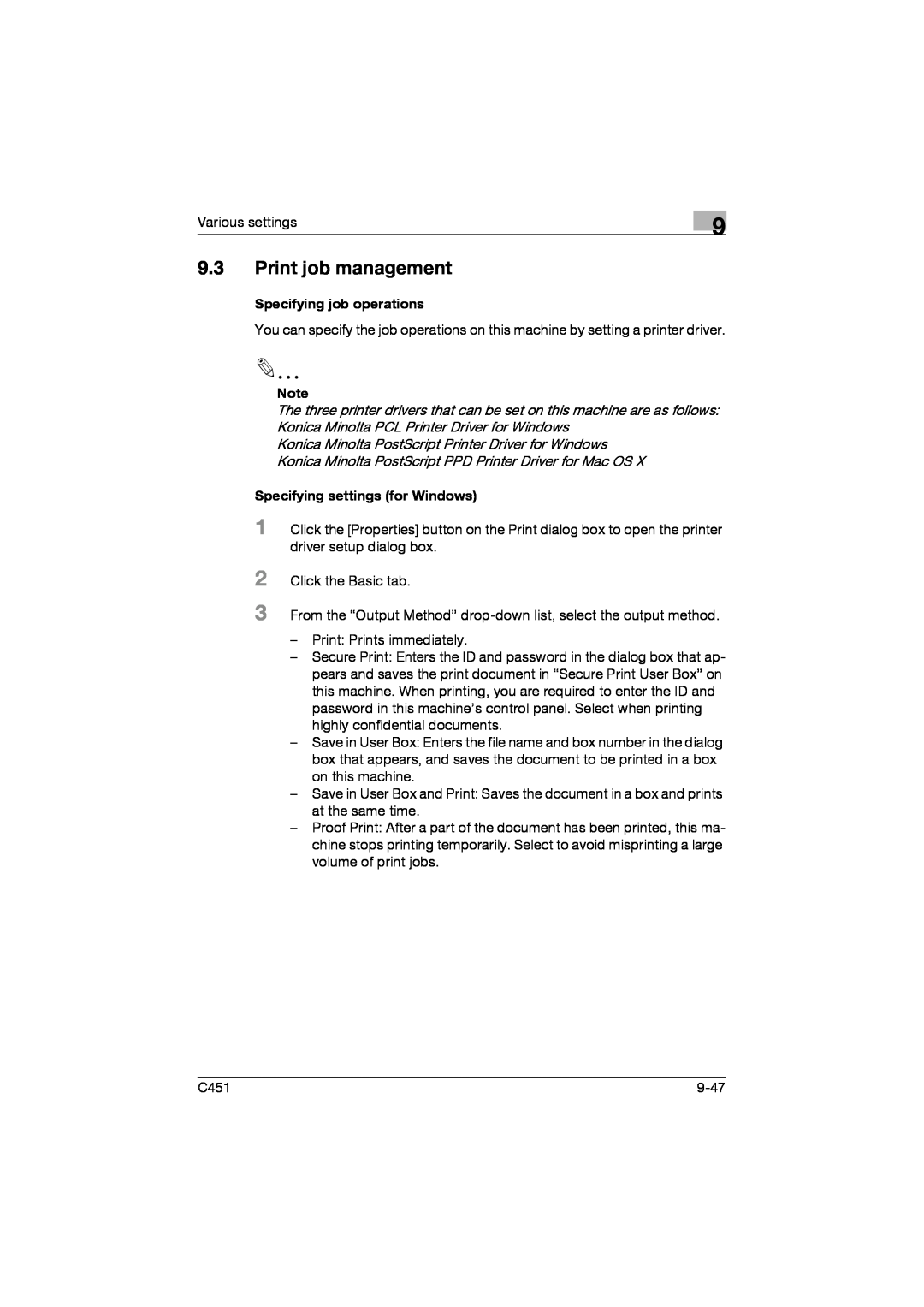 Konica Minolta C451 manual 9.3Print job management, Specifying job operations, Specifying settings for Windows 