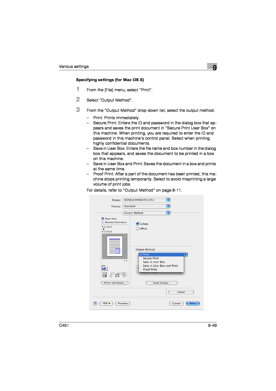 Konica Minolta C451 manual 1 2 3, Specifying settings for Mac OS 