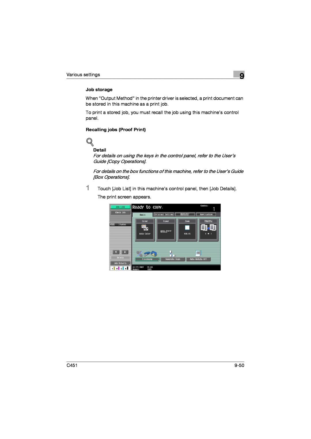 Konica Minolta C451 manual Job storage, Recalling jobs Proof Print, Detail 