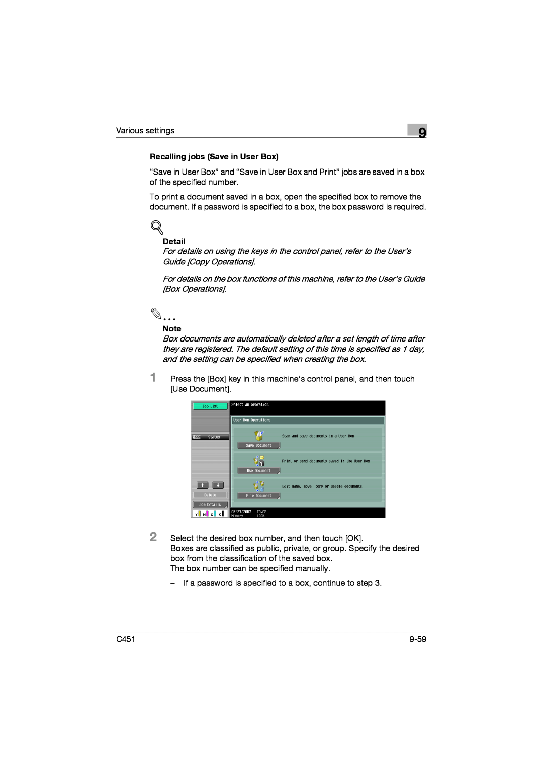 Konica Minolta C451 manual Recalling jobs Save in User Box, Detail 