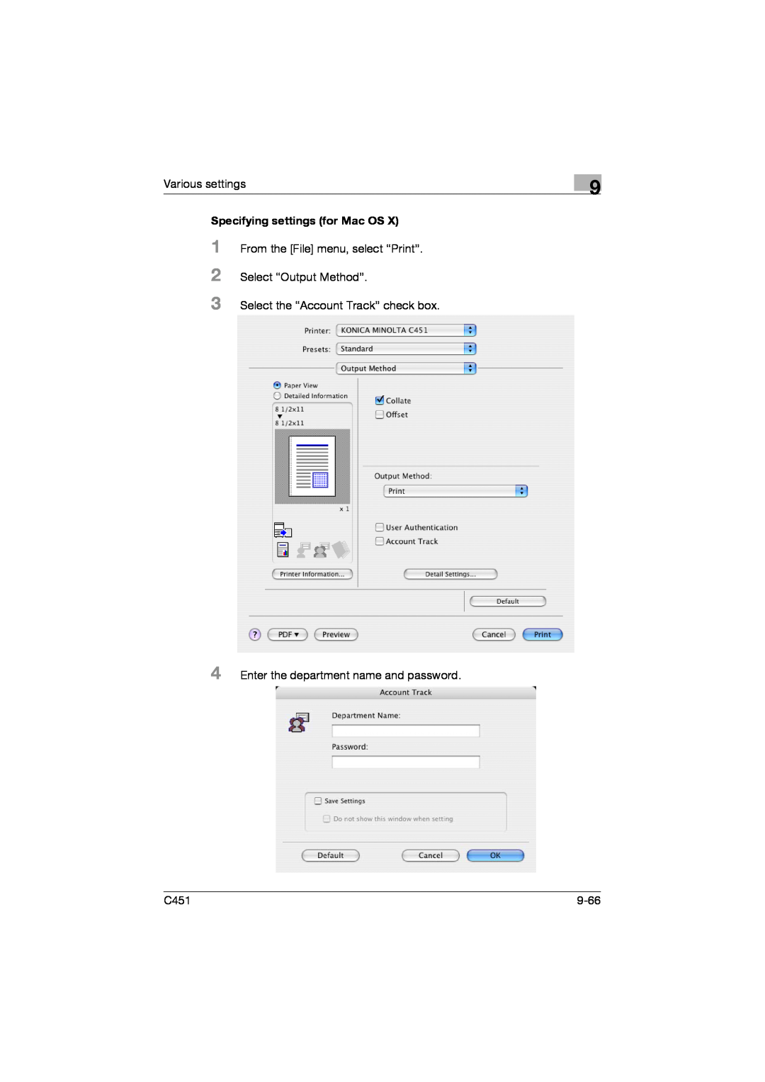 Konica Minolta C451 manual Various settings, Specifying settings for Mac OS, From the File menu, select “Print”, 9-66 