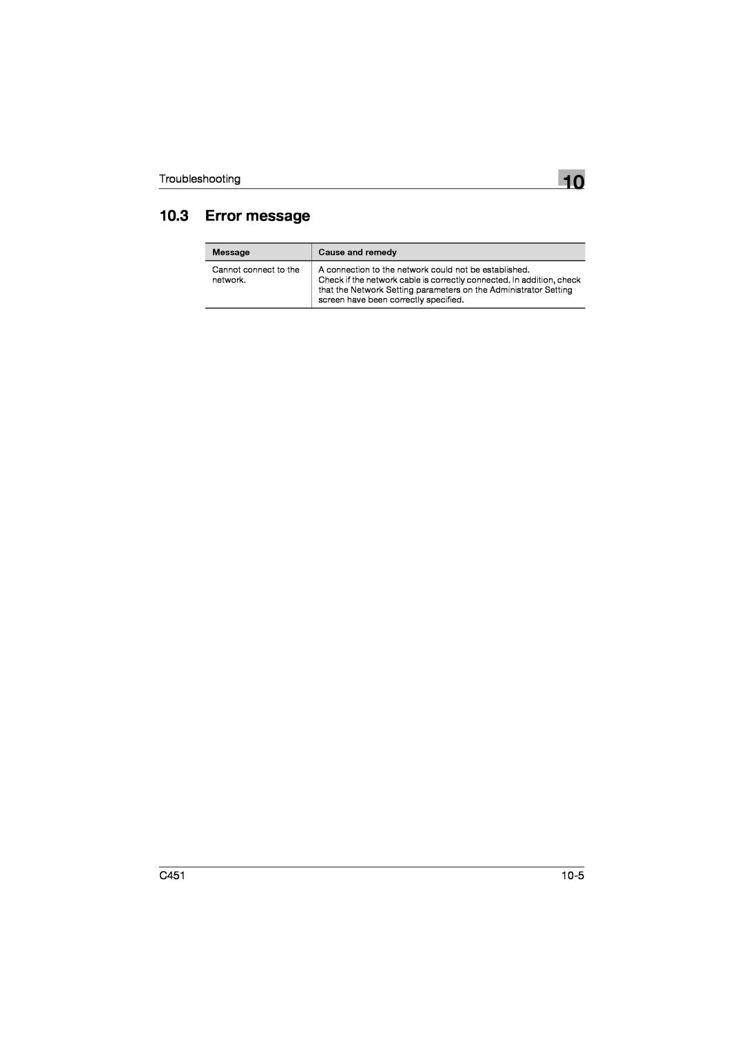 Konica Minolta C451 manual 10.3Error message, Troubleshooting, 10-5 