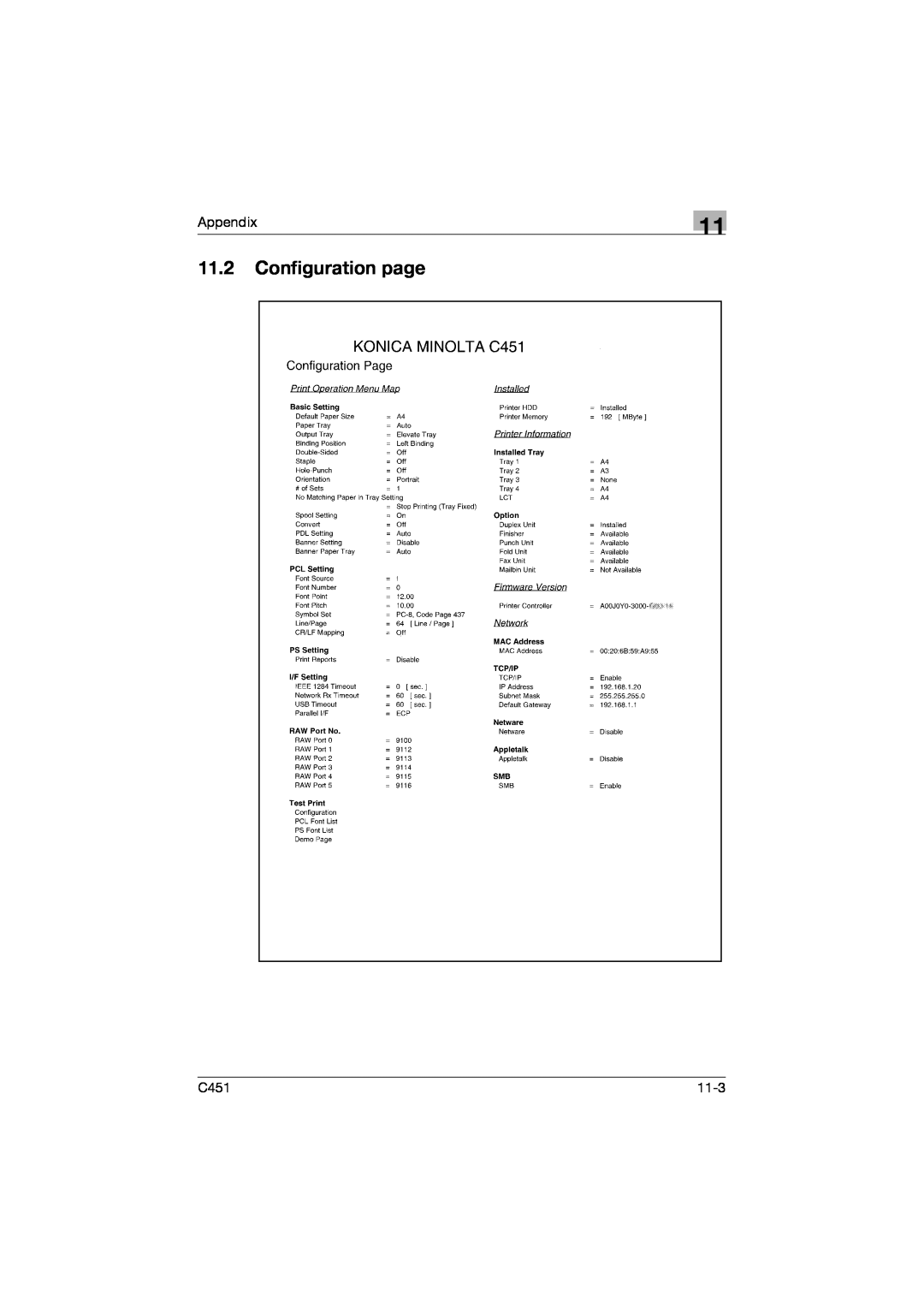 Konica Minolta C451 manual 11.2Configuration page, Appendix, 11-3 