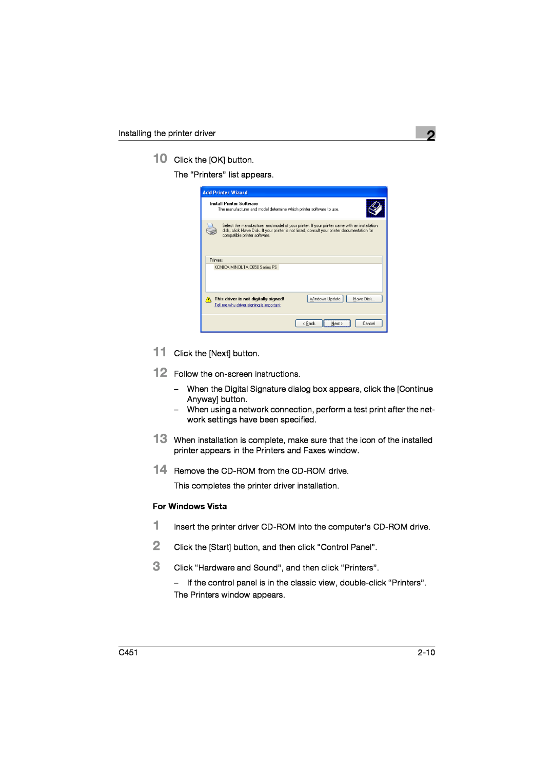 Konica Minolta C451 manual 10 11 12, 1 2 3, For Windows Vista 