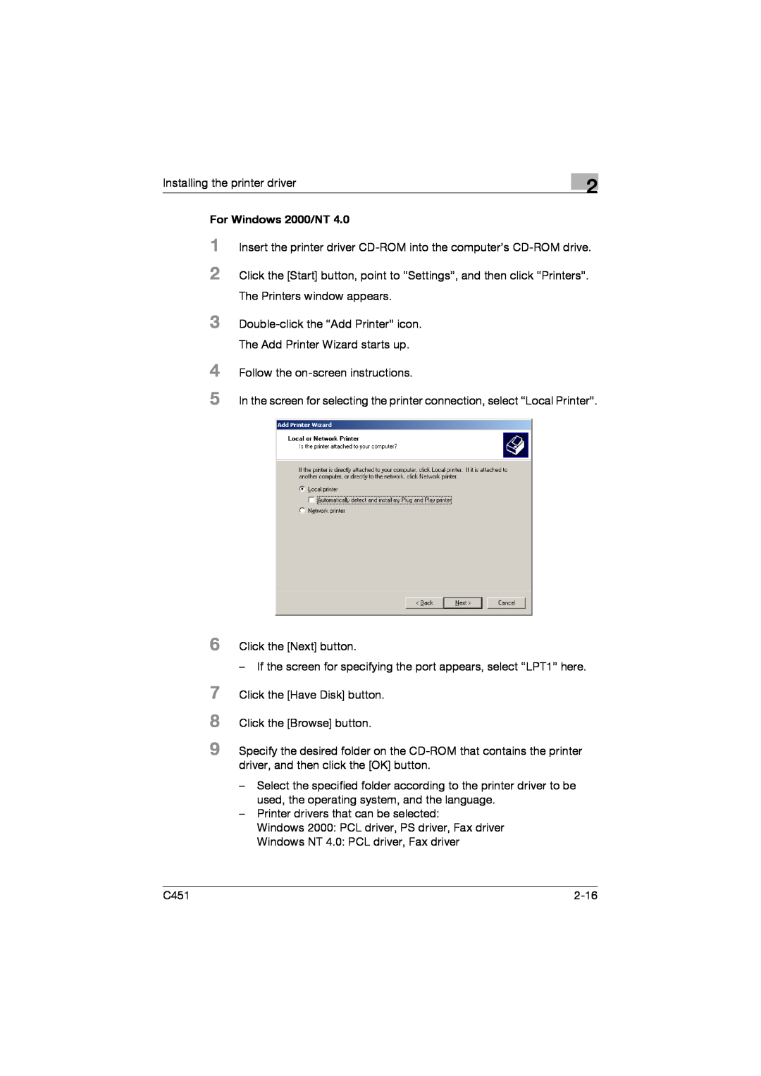 Konica Minolta C451 manual 6 7 8 9, For Windows 2000/NT 