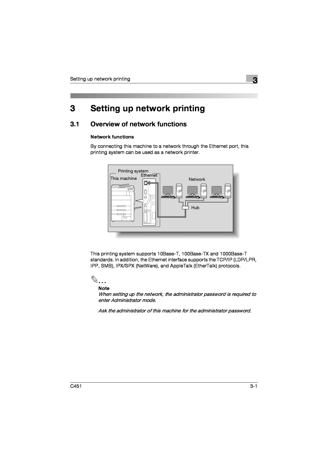 Konica Minolta C451 manual 3Setting up network printing, 3.1Overview of network functions 