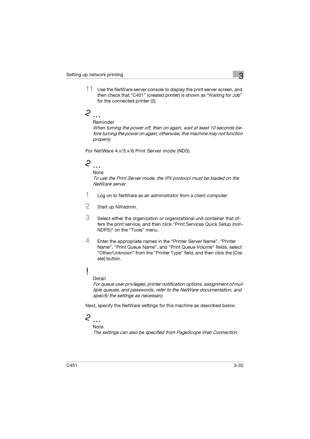 Konica Minolta C451 manual Reminder, For NetWare 4.x/5.x/6 Print Server mode NDS 