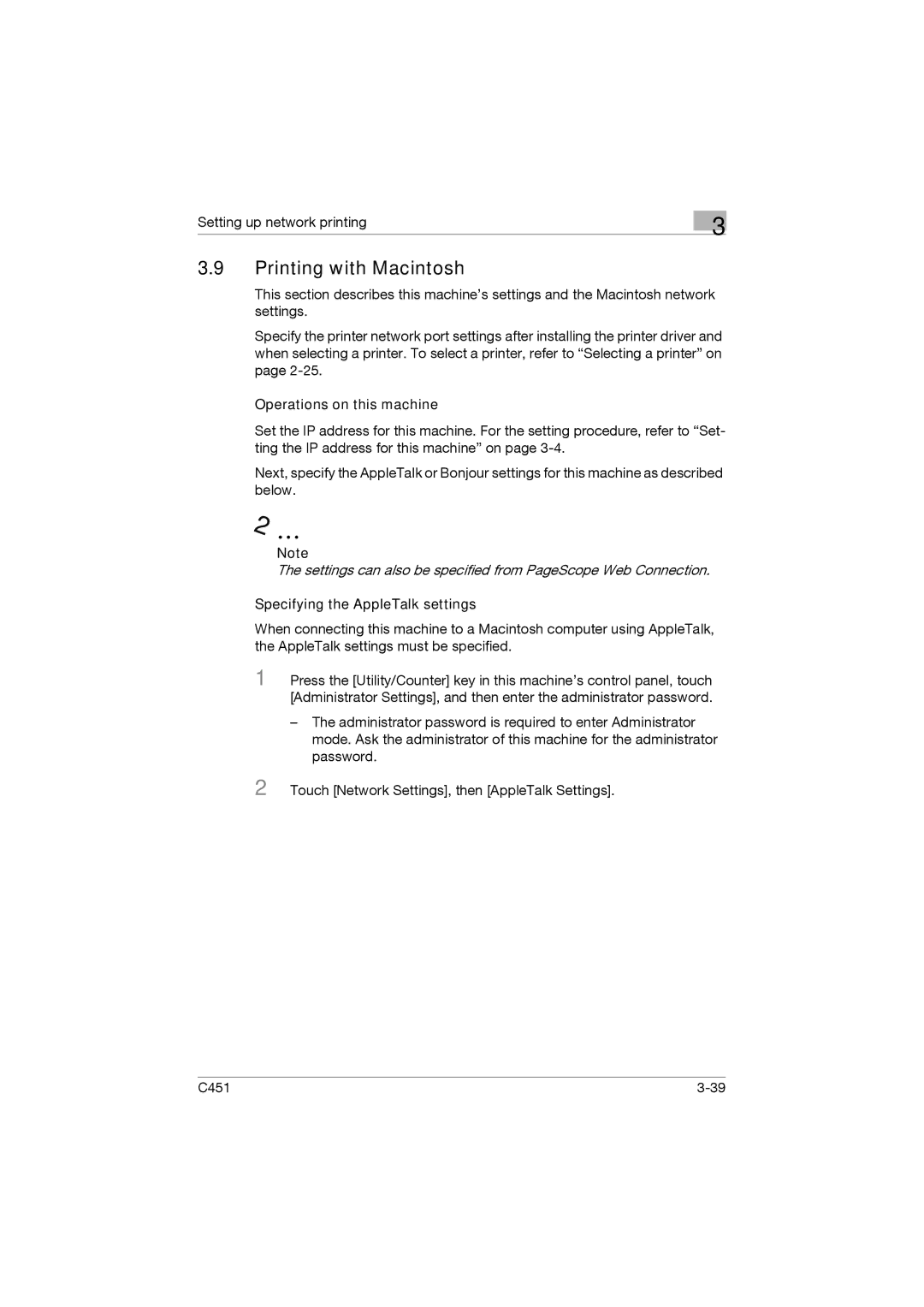 Konica Minolta C451 manual Printing with Macintosh, Specifying the AppleTalk settings 