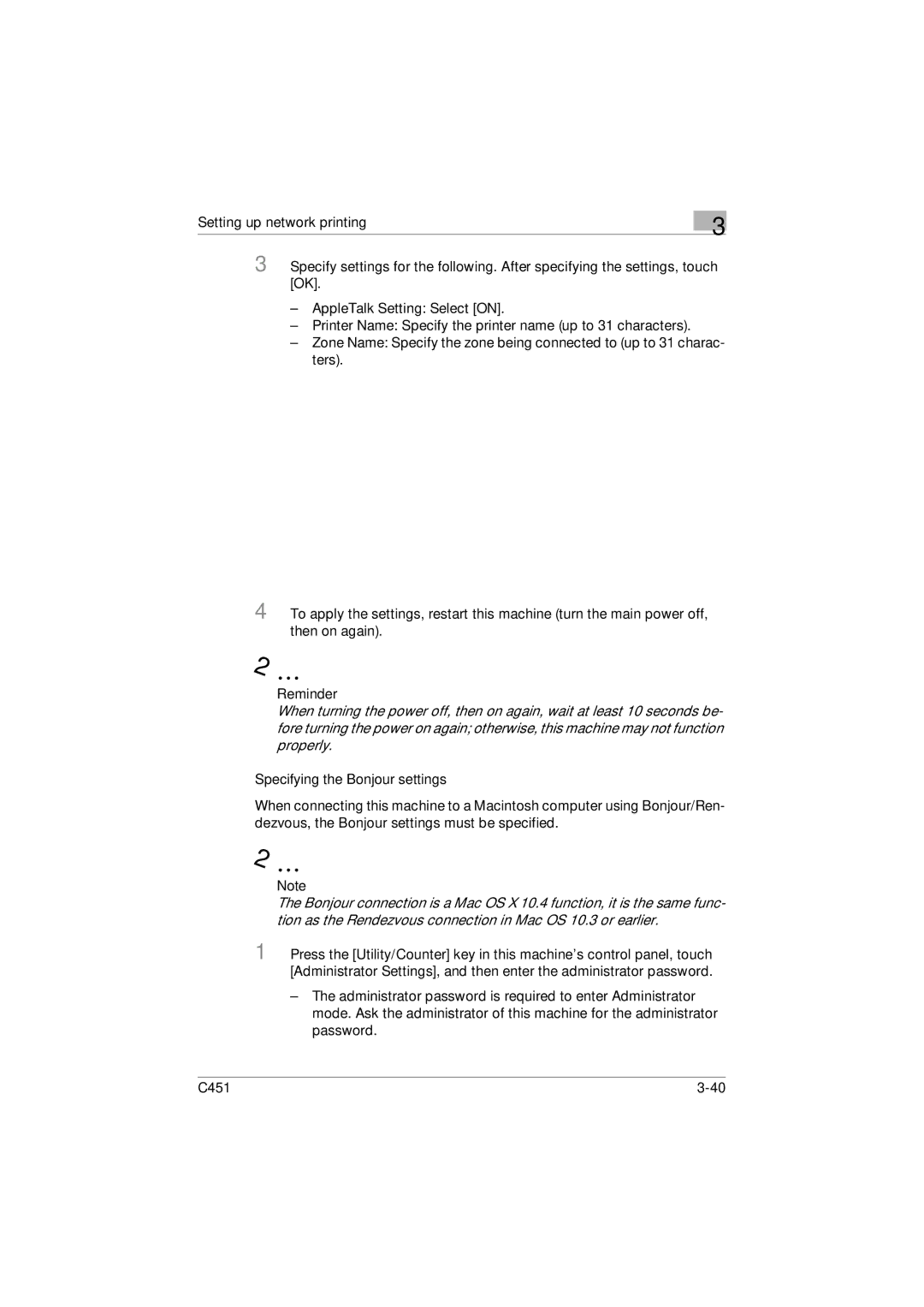 Konica Minolta C451 manual Reminder, Specifying the Bonjour settings 