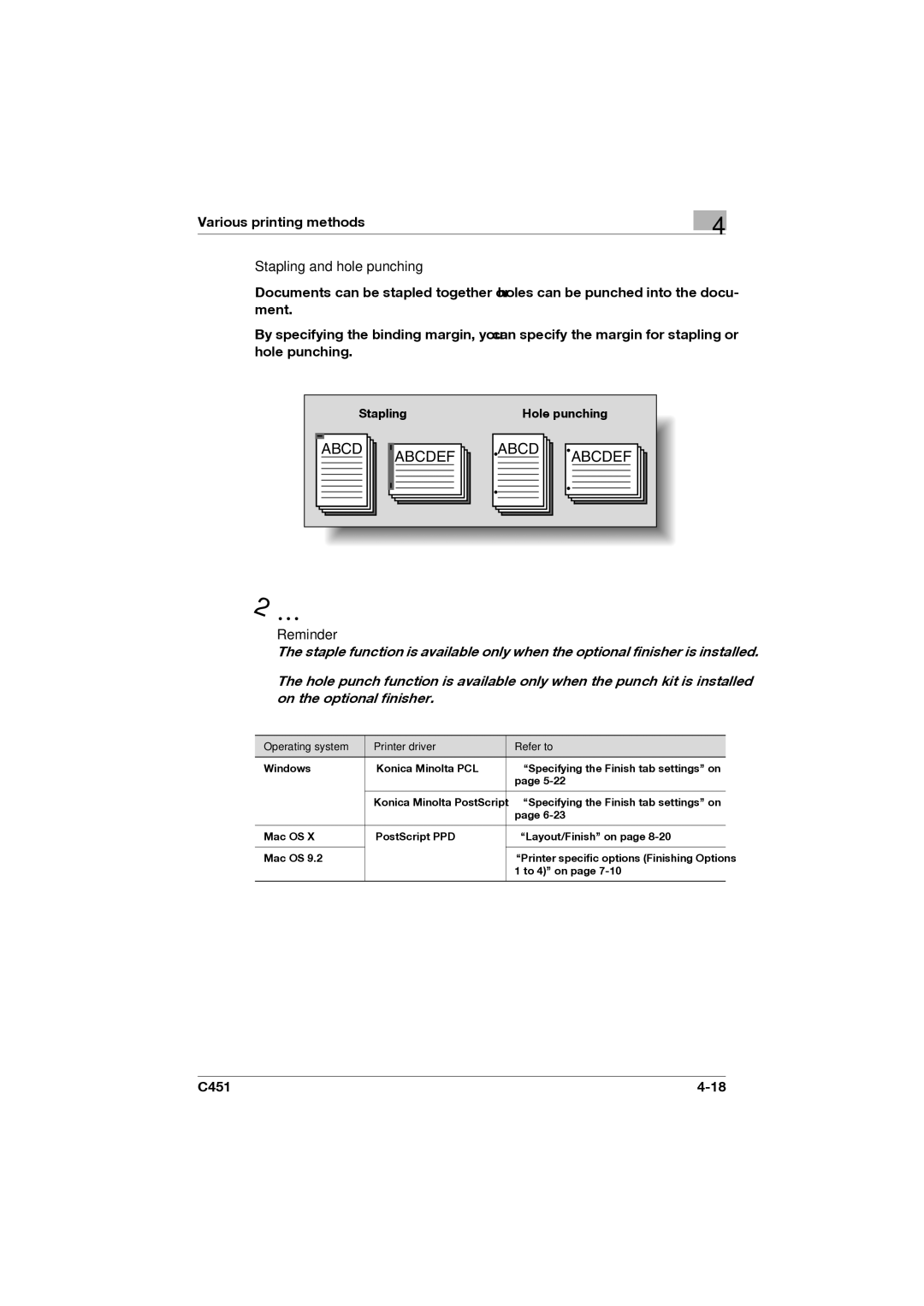 Konica Minolta C451 manual Stapling and hole punching, Reminder 