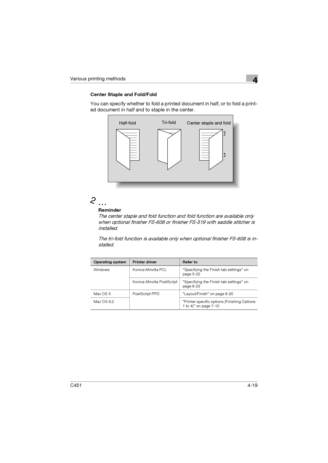 Konica Minolta C451 manual Center Staple and Fold/Fold 