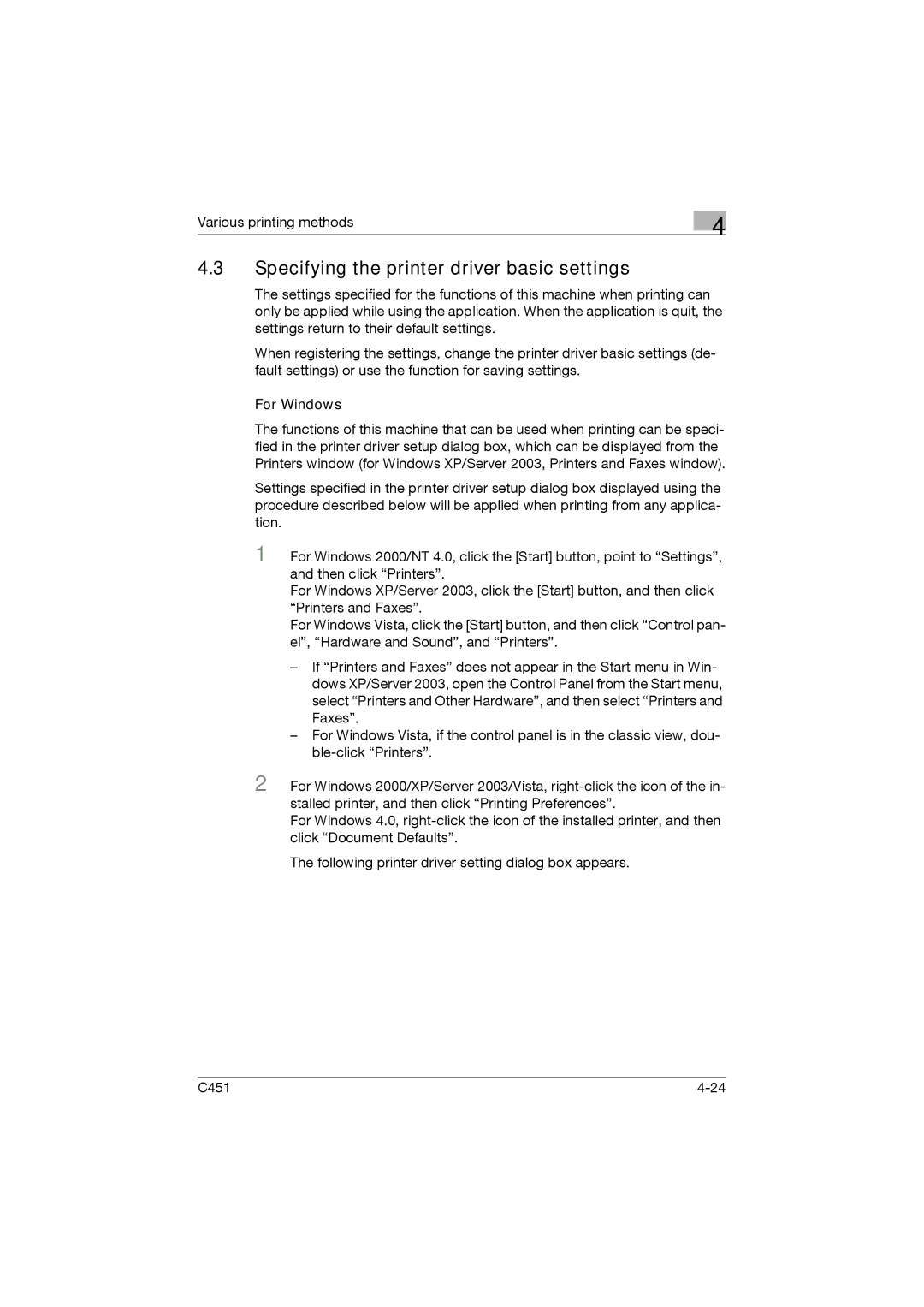 Konica Minolta C451 manual Specifying the printer driver basic settings, For Windows 