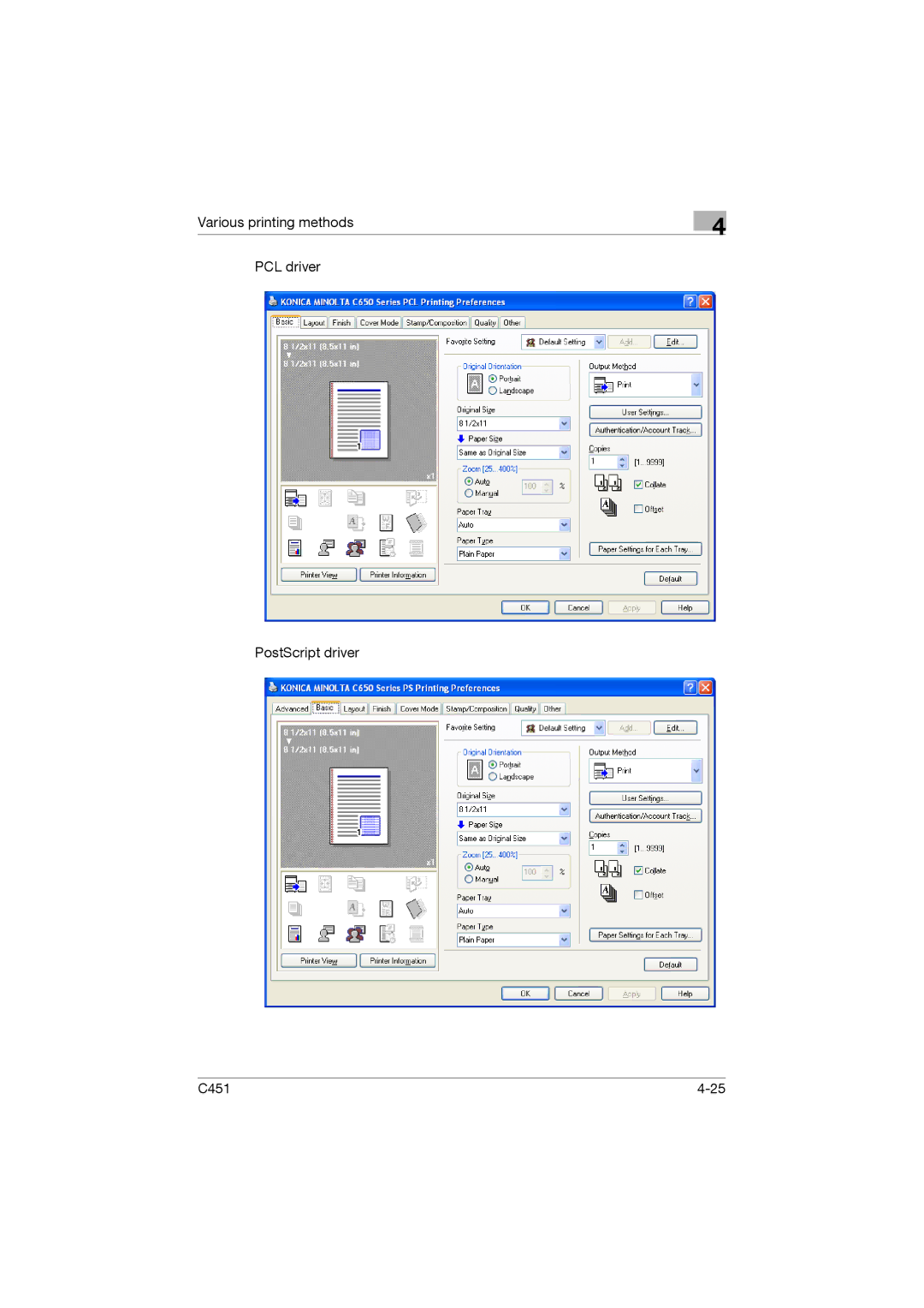 Konica Minolta manual Various printing methods PCL driver PostScript driver C451 