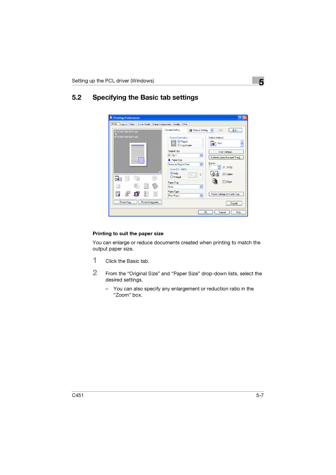 Konica Minolta C451 manual Specifying the Basic tab settings, Printing to suit the paper size 