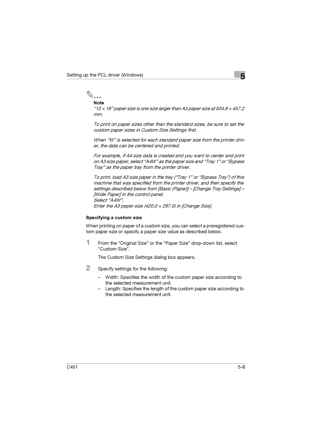 Konica Minolta C451 manual Specifying a custom size 