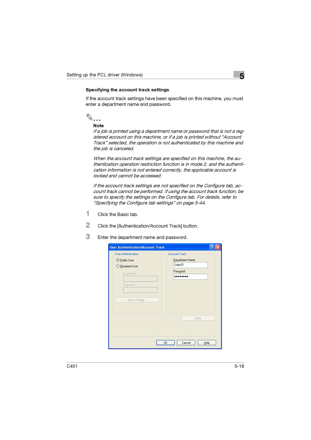 Konica Minolta C451 manual Specifying the account track settings 