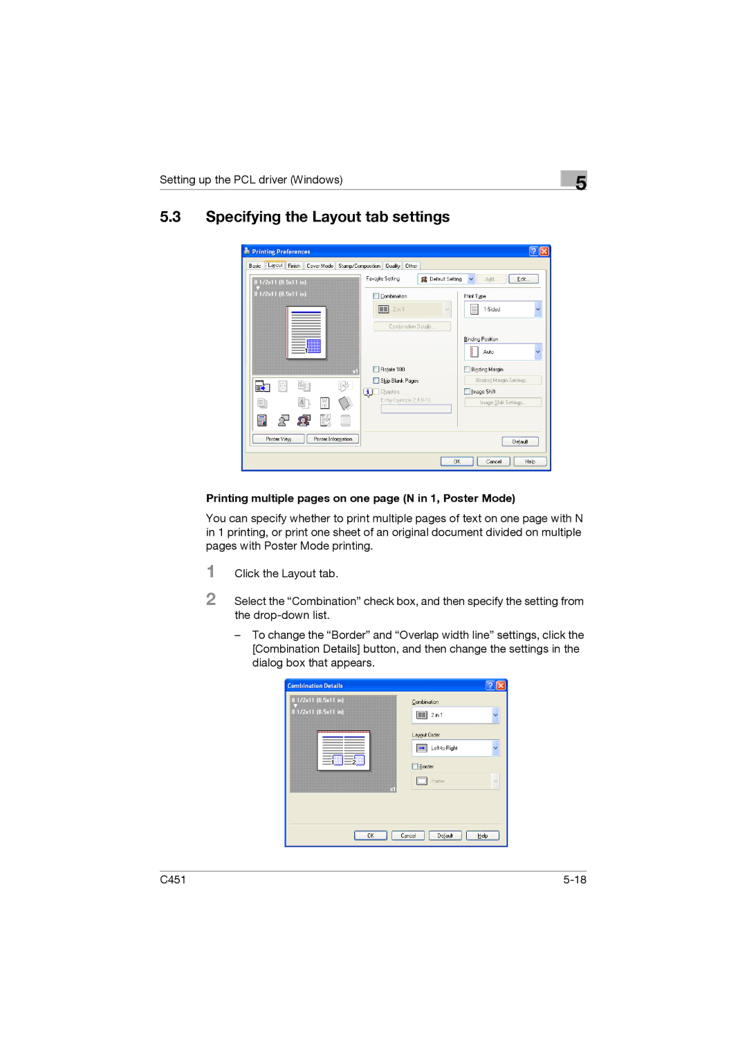 Konica Minolta C451 manual Specifying the Layout tab settings, Printing multiple pages on one page N in 1, Poster Mode 