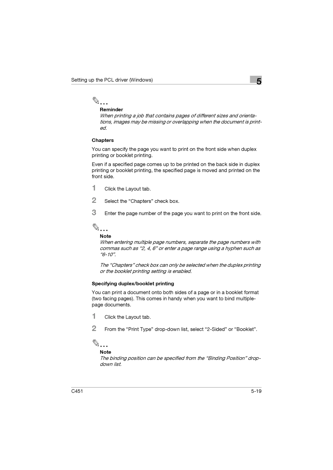 Konica Minolta C451 manual Reminder, Specifying duplex/booklet printing 