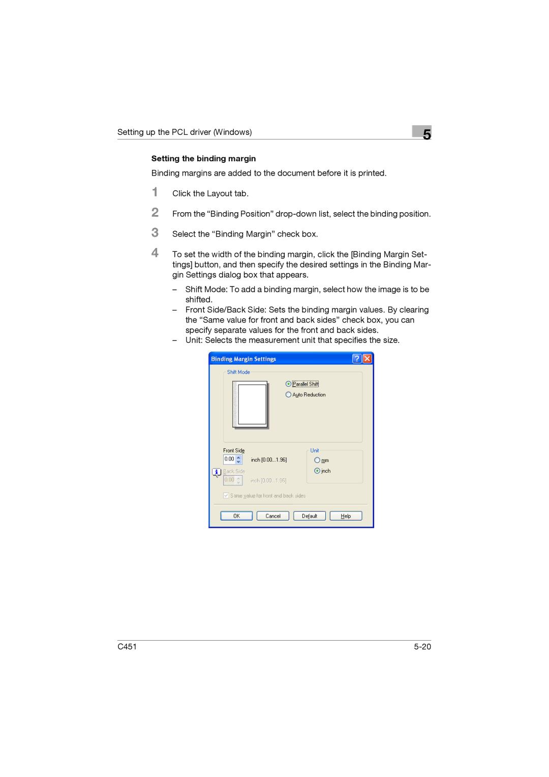 Konica Minolta C451 manual Setting the binding margin 