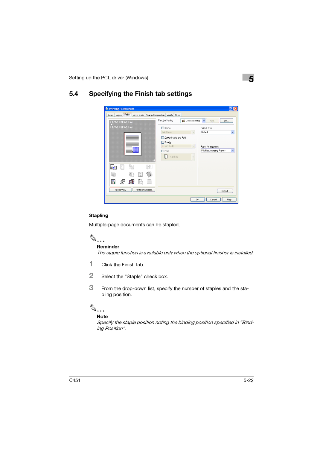 Konica Minolta C451 manual Specifying the Finish tab settings, Stapling 