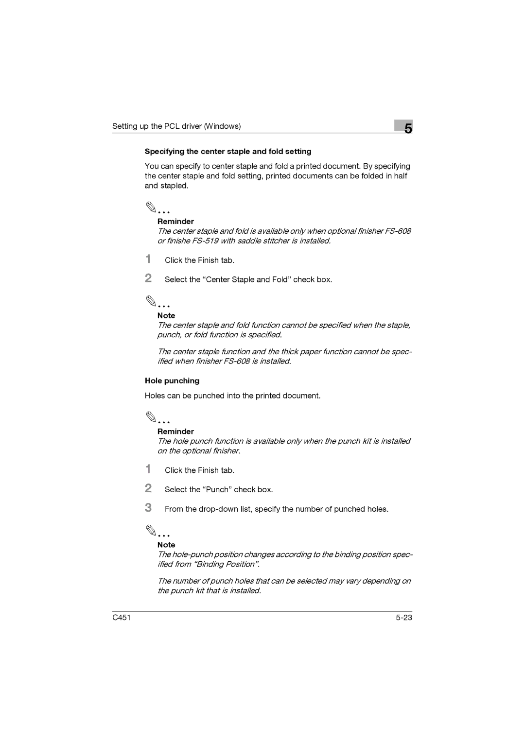 Konica Minolta C451 manual Specifying the center staple and fold setting, Hole punching 