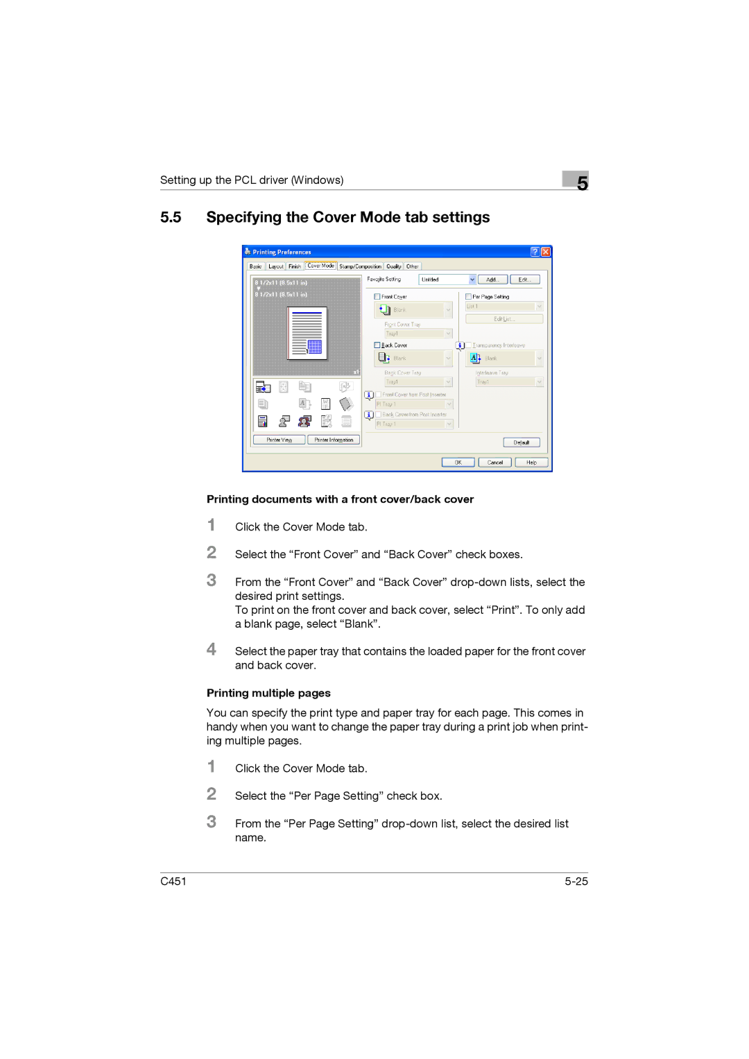 Konica Minolta C451 manual Specifying the Cover Mode tab settings, Printing documents with a front cover/back cover 