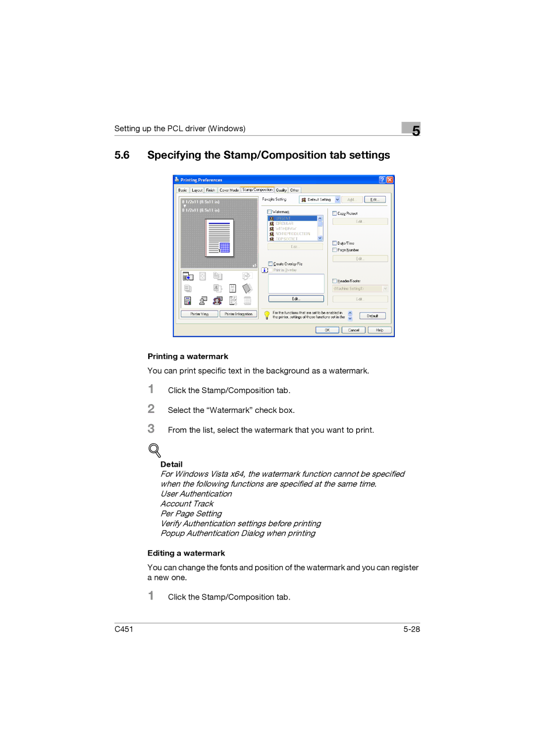 Konica Minolta C451 manual Specifying the Stamp/Composition tab settings, Printing a watermark, Editing a watermark 