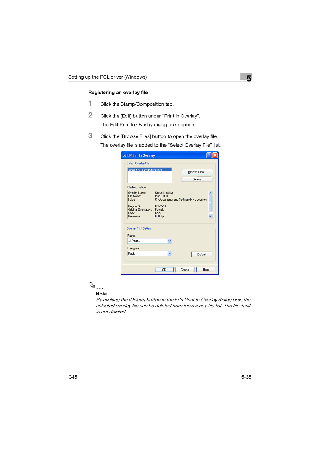 Konica Minolta C451 manual Registering an overlay file 