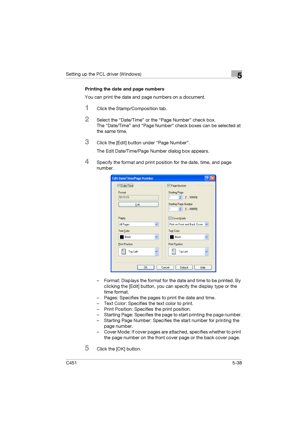 Konica Minolta C451 manual Printing the date and page numbers 